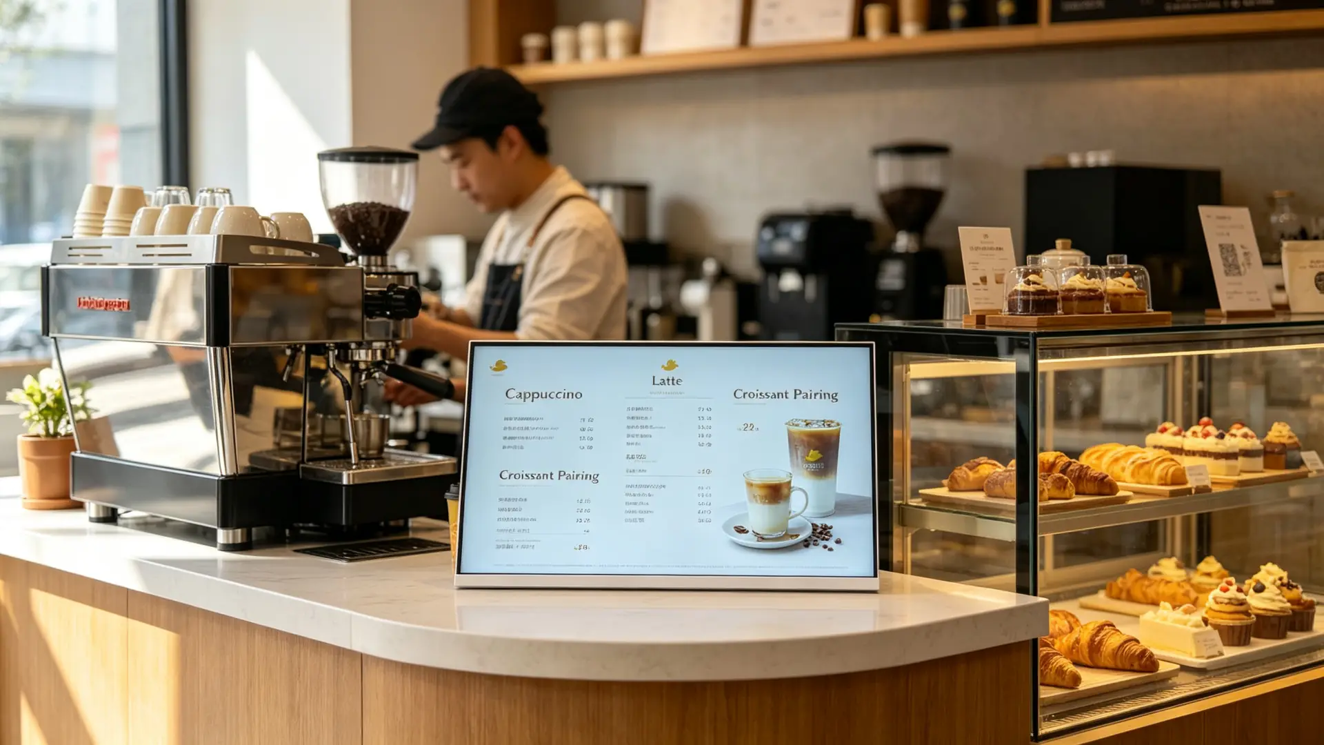 Countertop digital menu board on a cafe bar counter displaying coffee menu and pastry pairing