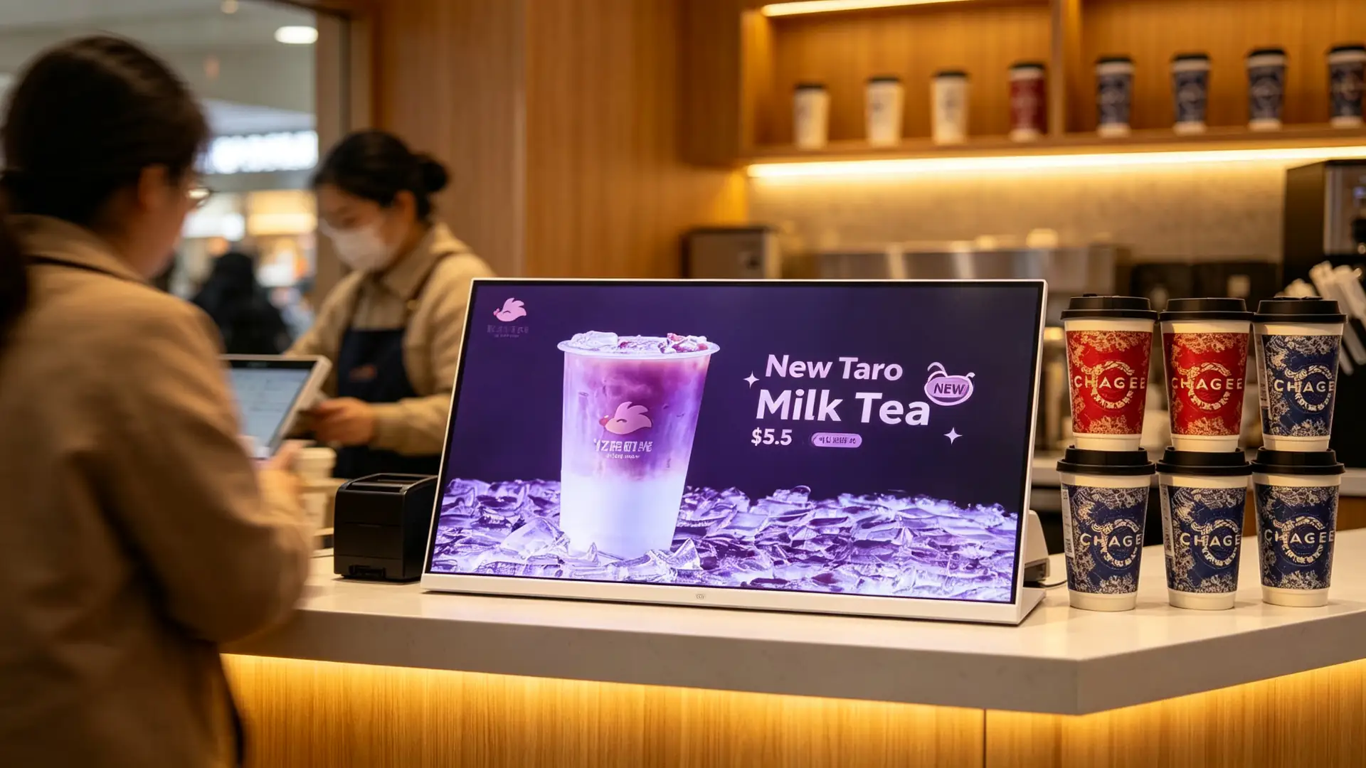 Landscape countertop digital menu board at a milk tea shop cashier counter showing new drink promotion