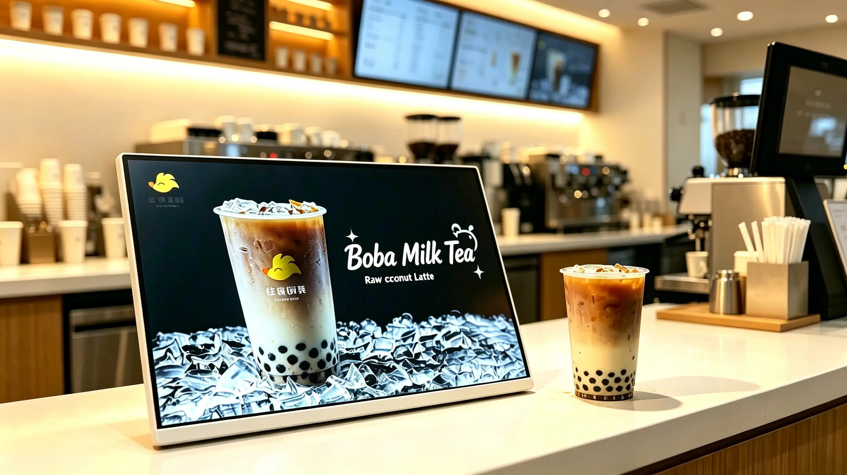 Landscape countertop digital menu board on a milk tea shop counter displaying a raw coconut latte promotion with white frame and flat tabletop base