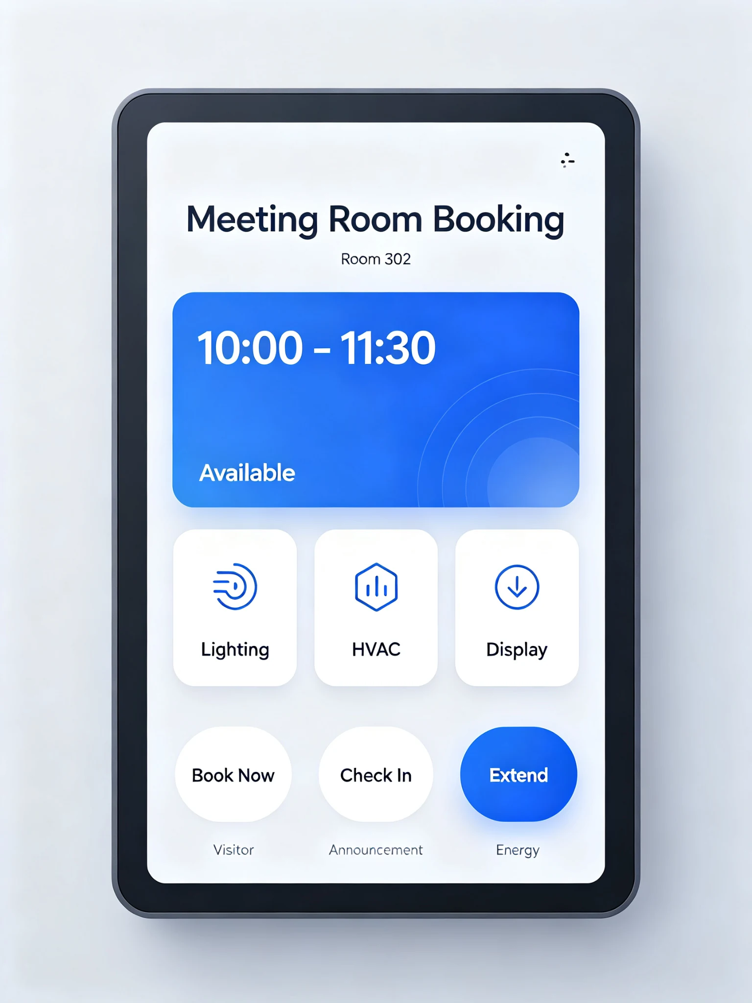 壁挂 Android 控制面板上的会议室预约与楼宇管理 UI，显示房间排期、暖通与门禁。