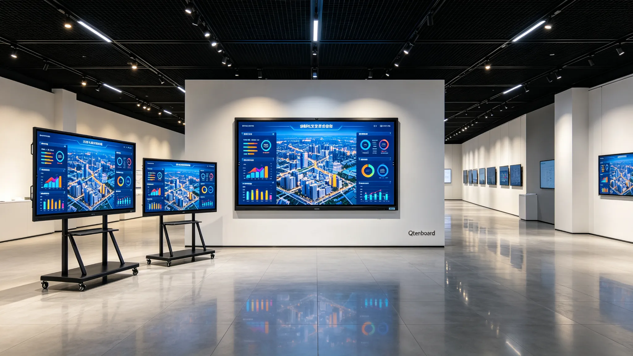 Qtenboard 55–110 英寸交互式白板尺寸对比图，展示不同尺寸对应的房间深度、观看距离和典型应用场景