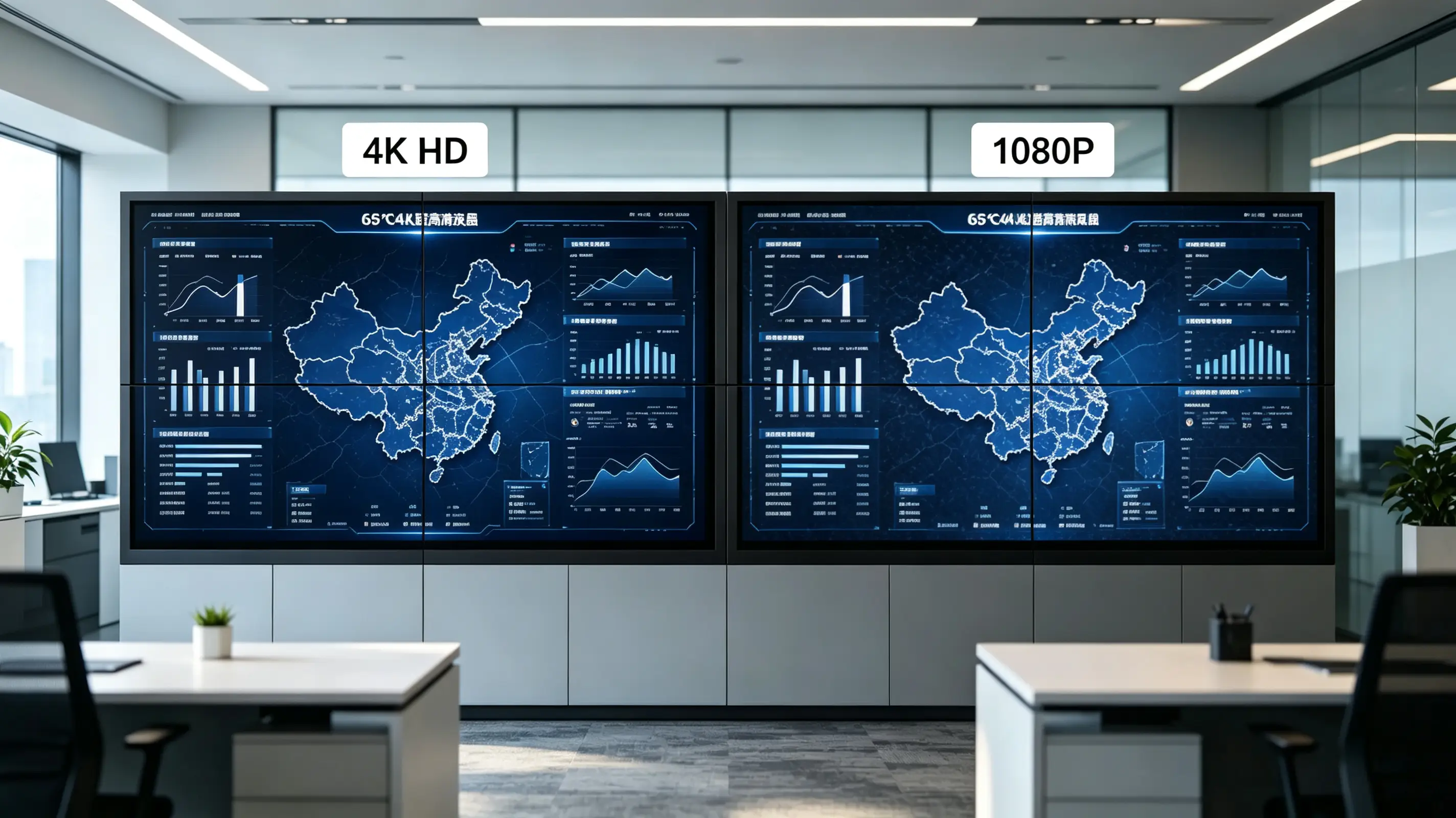 Qtenboard 65英寸4K拼接屏与1080P屏幕5米外清晰度对比