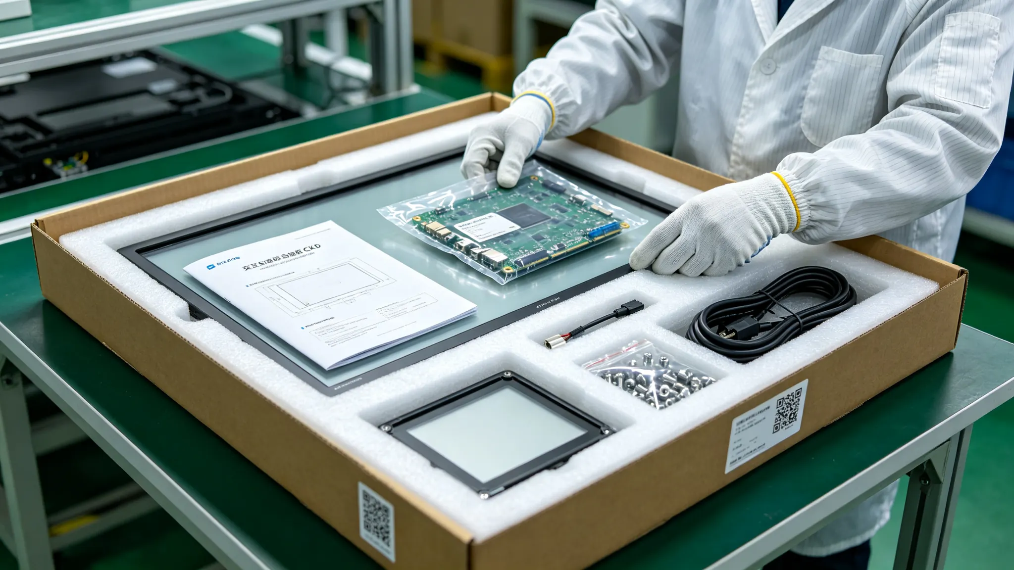 Qtenboard SKD 与 CKD 套件包装方案，包含标准化组件、组装SOP和二维码追溯标识，支持合作伙伴在当地完成组装与质量验证