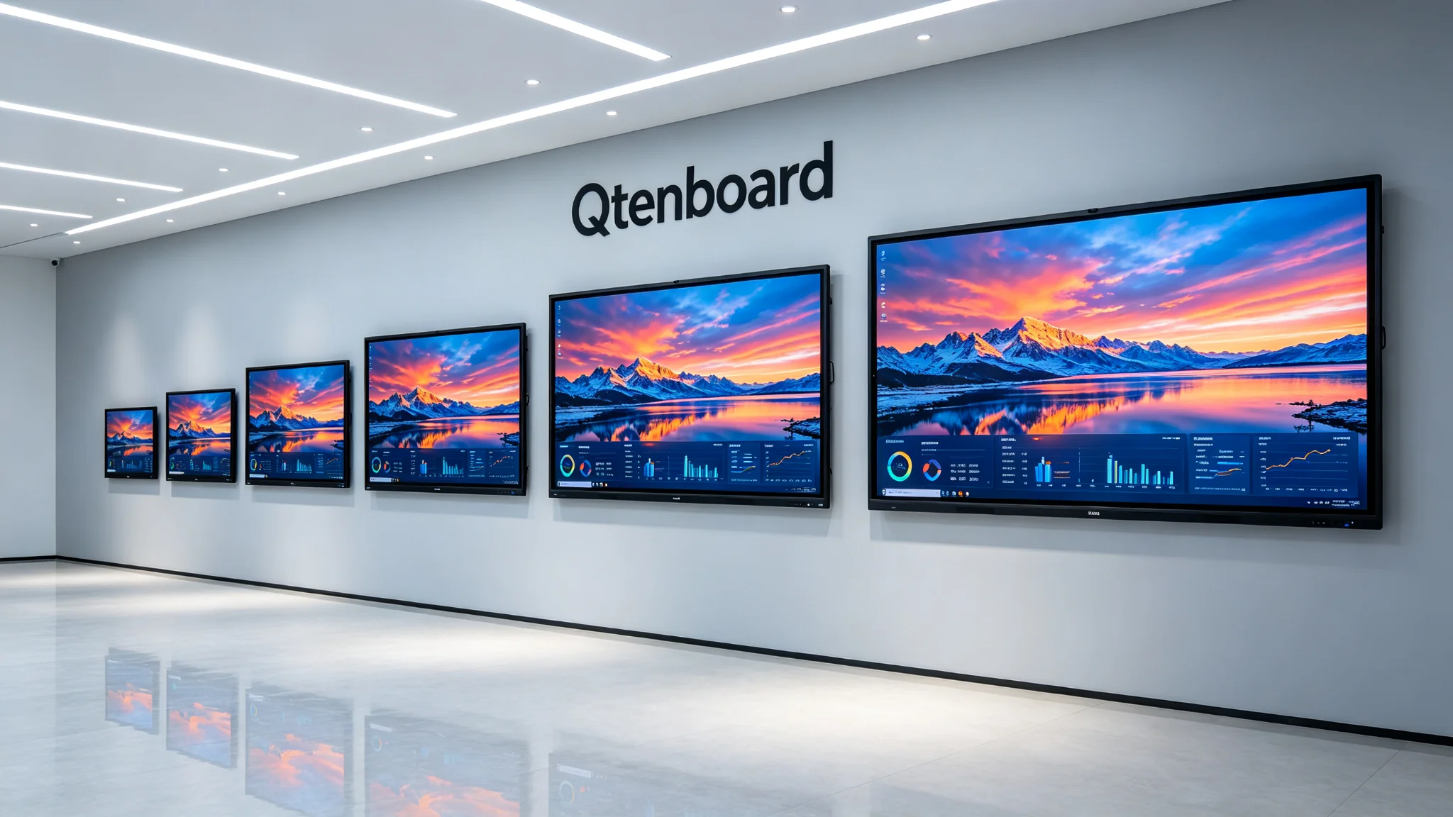 Qtenboard 交互式白板全尺寸产品线展示：55、65、75、86、98、105、110 英寸，覆盖小型讨论室到大型报告厅，支持 4K/5K 与双系统