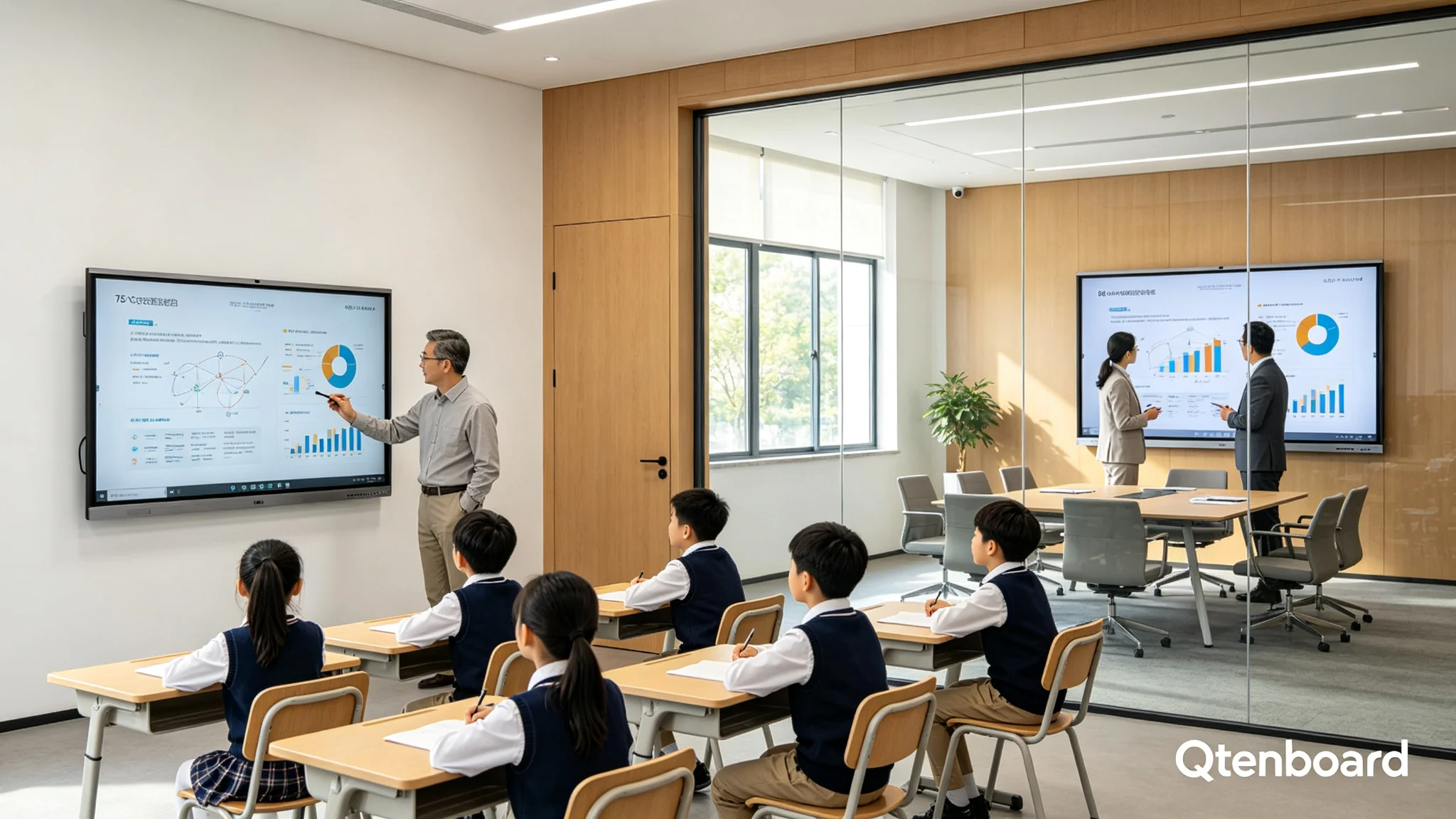 Qtenboard 交互式白板在标准教室与中型会议室的应用场景，75 英寸和 86 英寸屏幕满足教学与会议协作需求