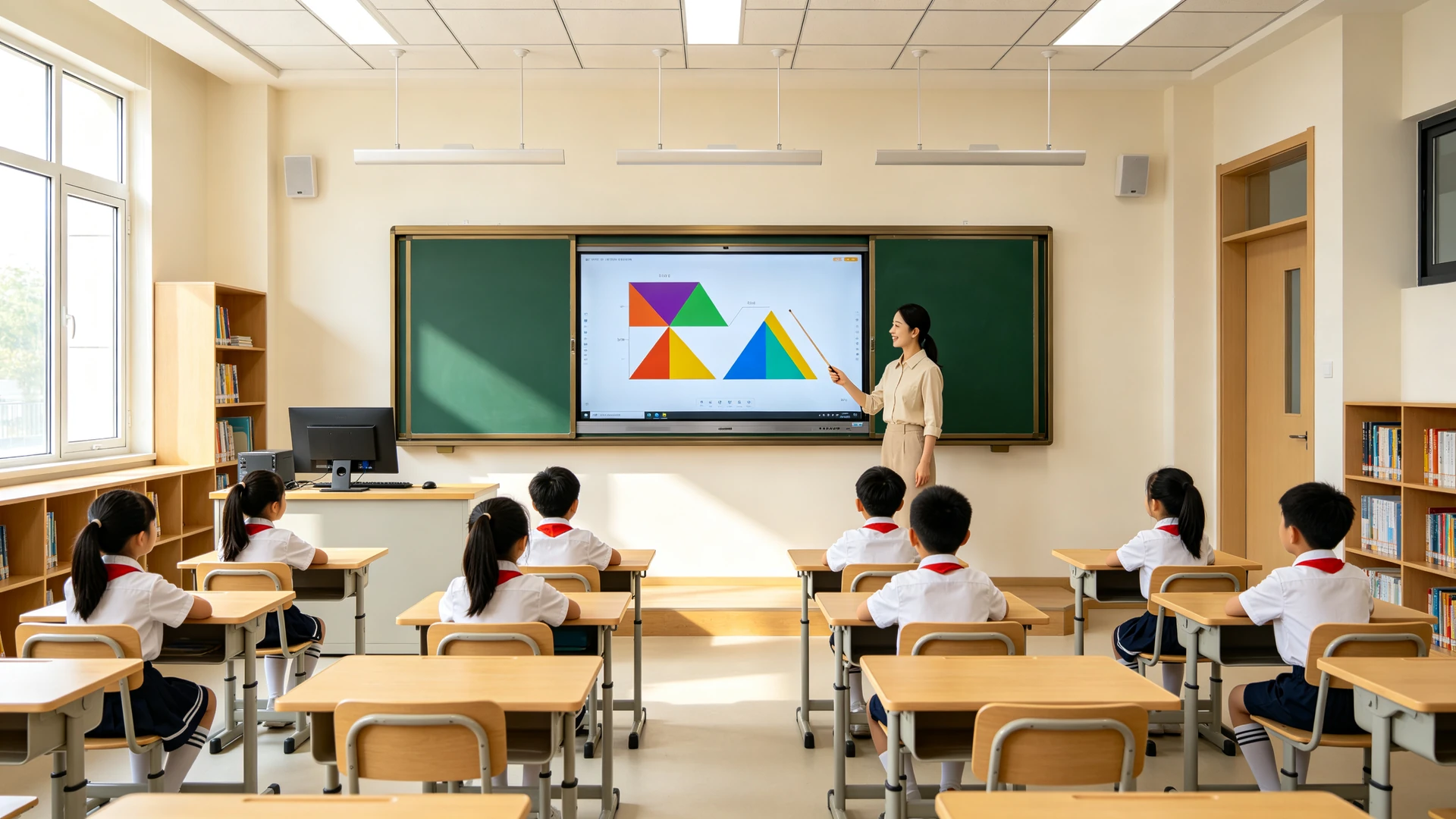 Qtenboard 交互式白板壁挂安装在标准 K12 教室中的应用，释放地面空间，适合固定教学布局和长期稳定使用