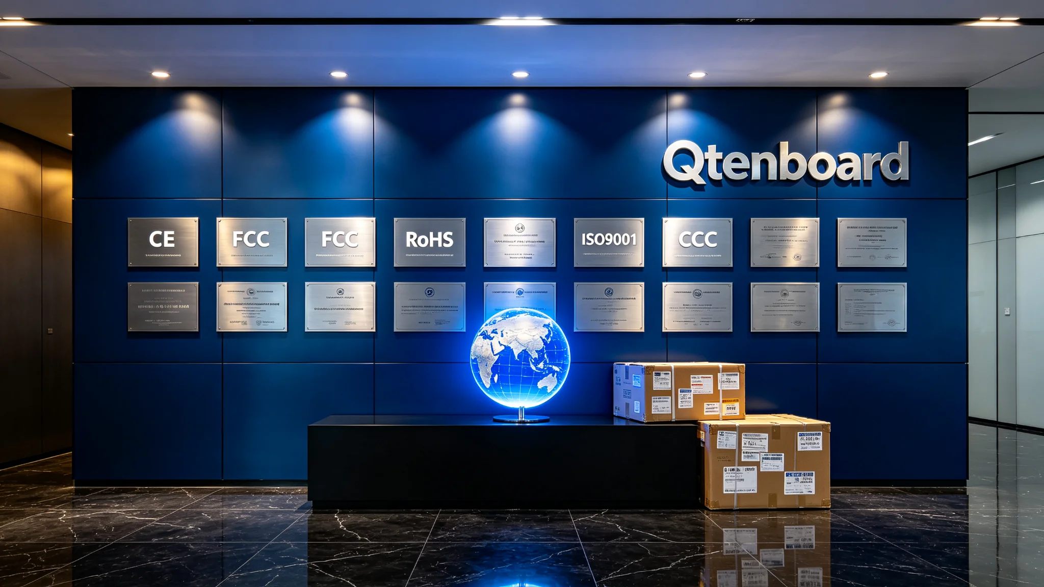 Qtenboard 全球服务网络覆盖 110+ 国家，CE/FCC/RoHS/ISO9001/CCC 认证齐全，支持 OEM/ODM/CKD/SKD 全模式交付