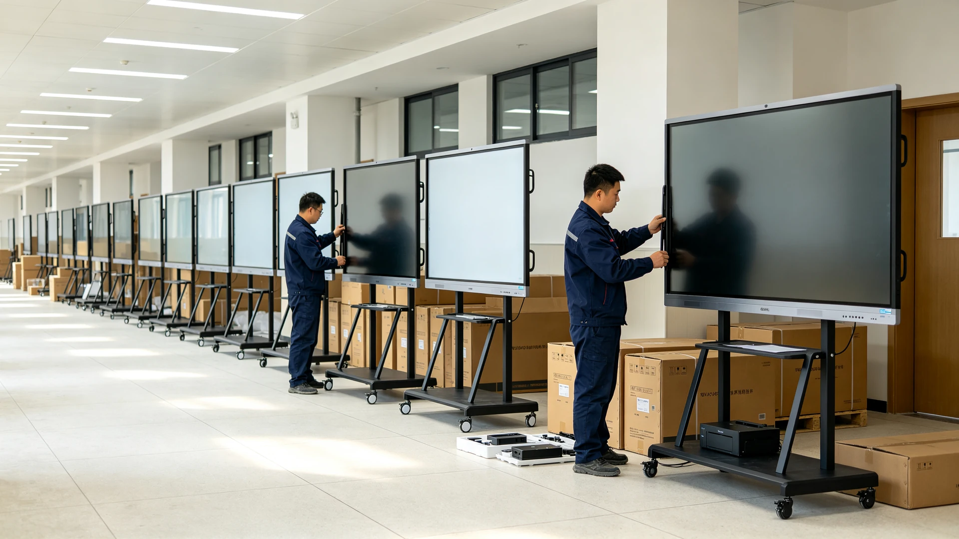 Qtenboard 壁挂支架和移动支架在批量教育项目中的部署场景，三种标准化安装方案支持快速组装和灵活配置