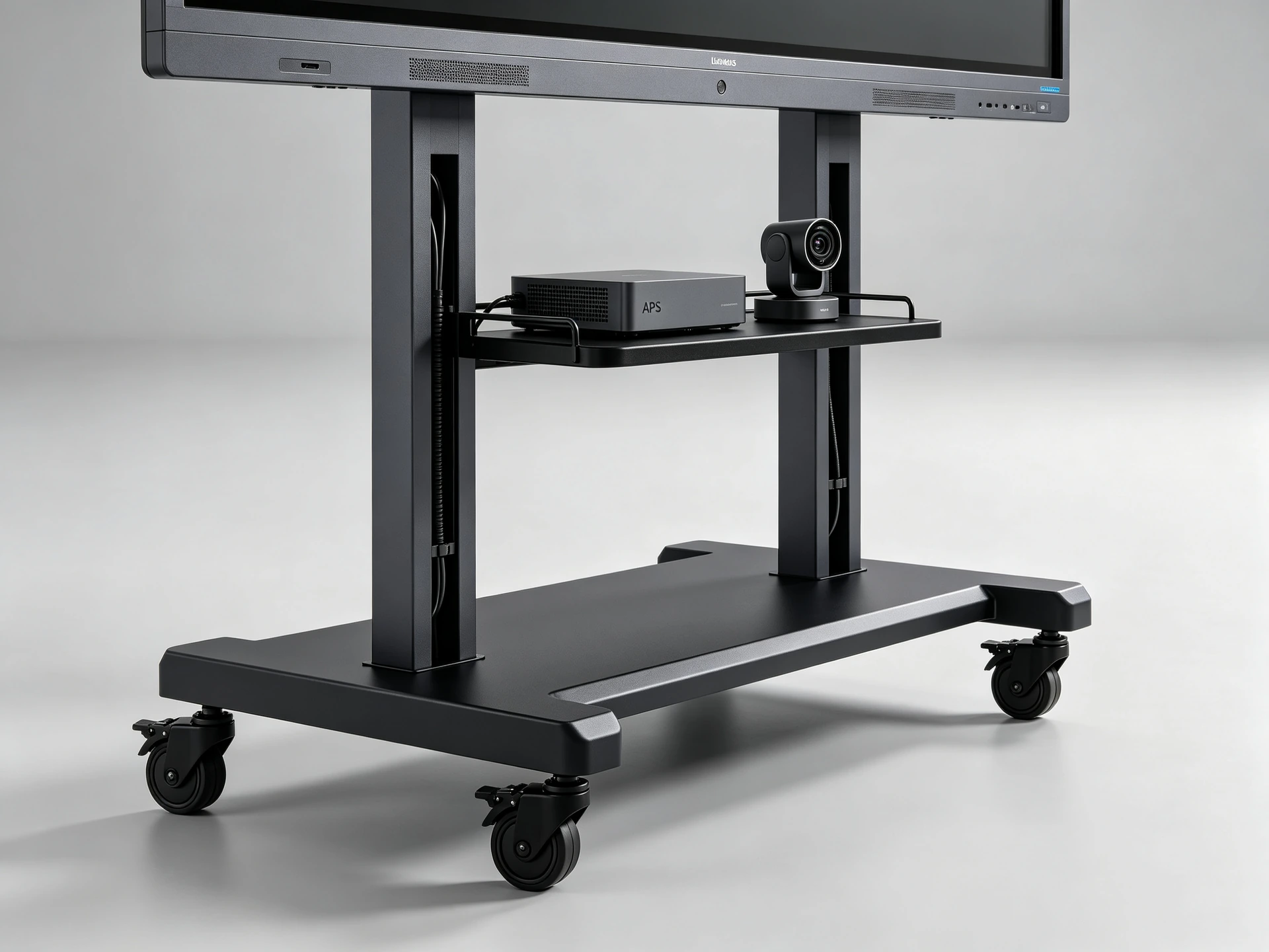 Qtenboard 移动支架产品细节：重型钢架、带锁脚轮、内置线缆管理、可选设备托盘，支持 55–110 英寸交互式白板