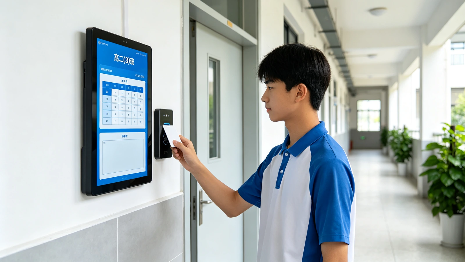Qtenboard智慧电子班牌校园走廊教室门口安装学生刷卡考勤场景