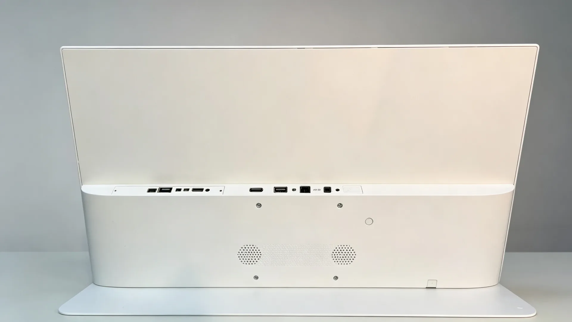 Rear interface and cable management of countertop digital menu board showing HDMI, USB, LAN and DC power ports