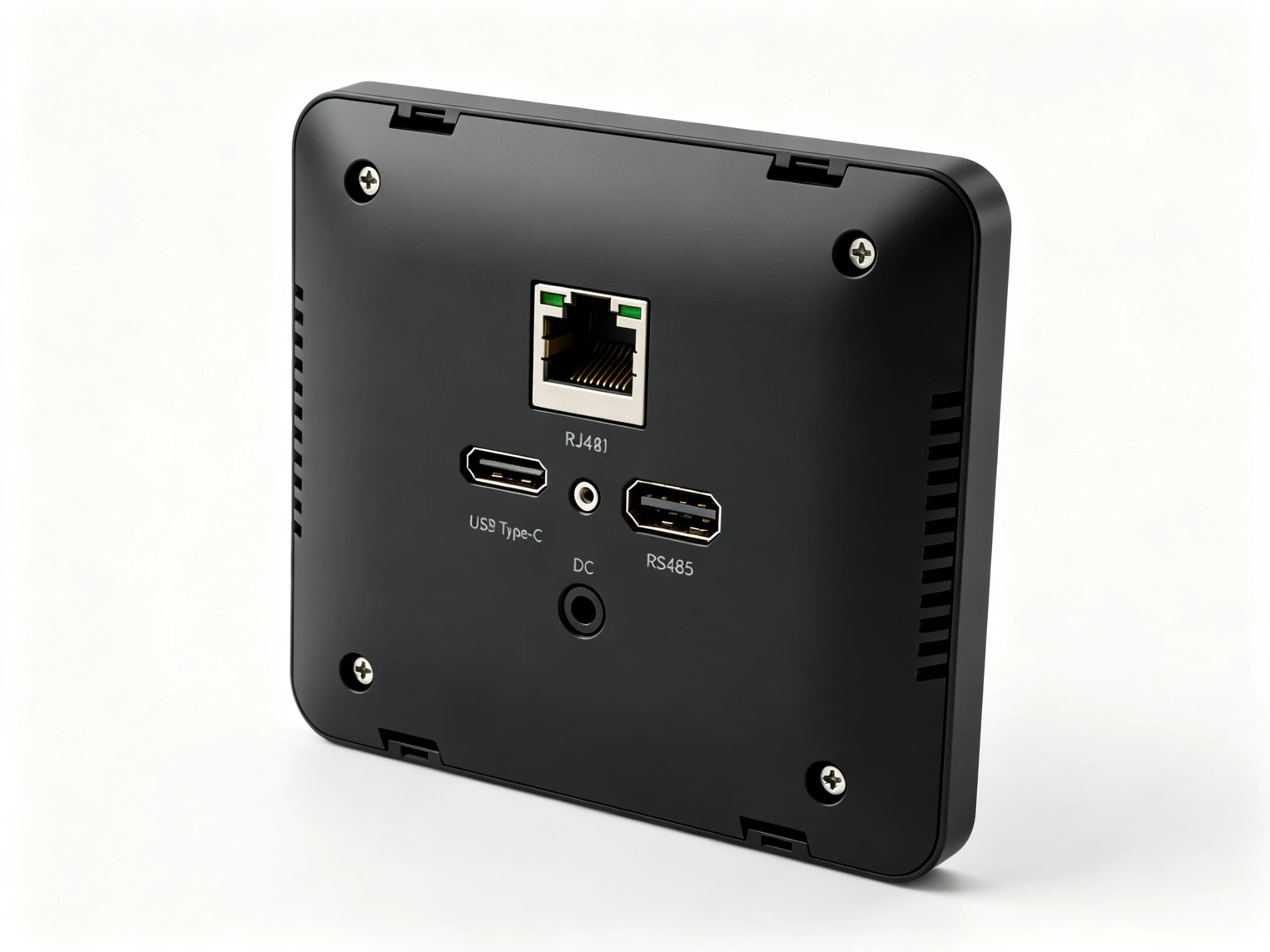 PoE 壁挂式智能家居控制面板背面接口，显示以太网、RS485、USB、音频与电源输入端口。