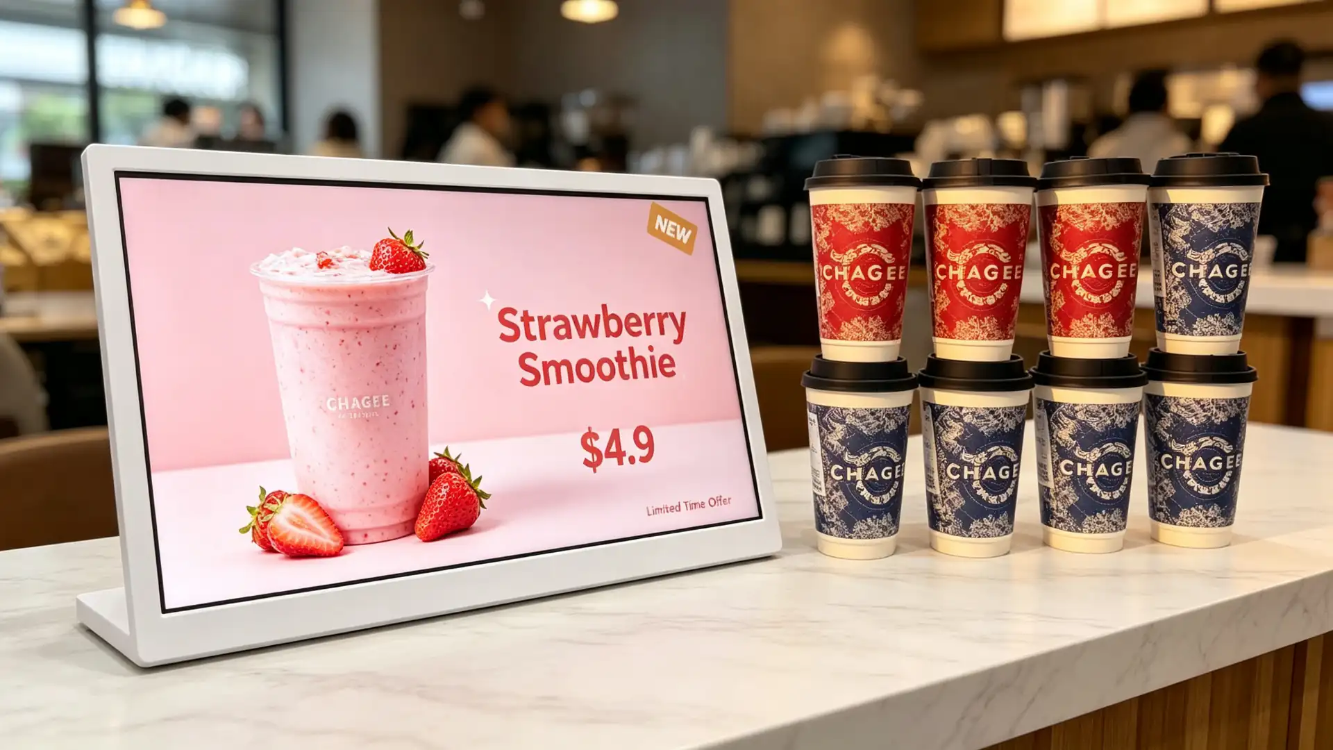 Single-product beverage promotion template on landscape countertop digital menu board for milk tea shop