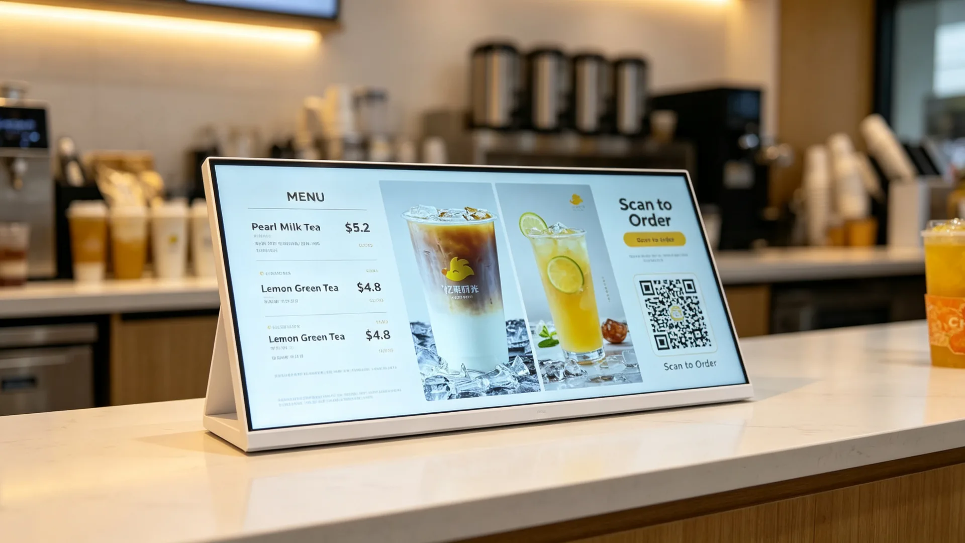 Split-screen layout showing menu, price, promotion and QR code on countertop digital menu board