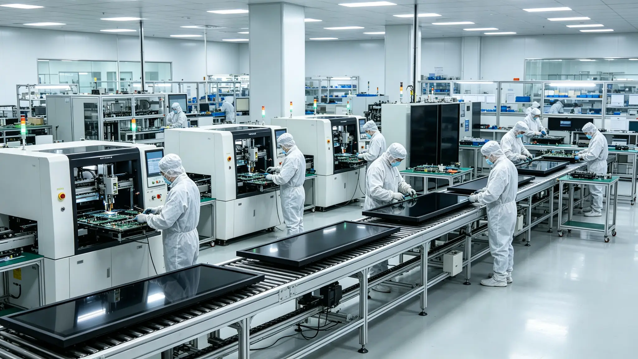 双屏电梯数字标牌自动化SMT产线与组装车间，含质检工序
