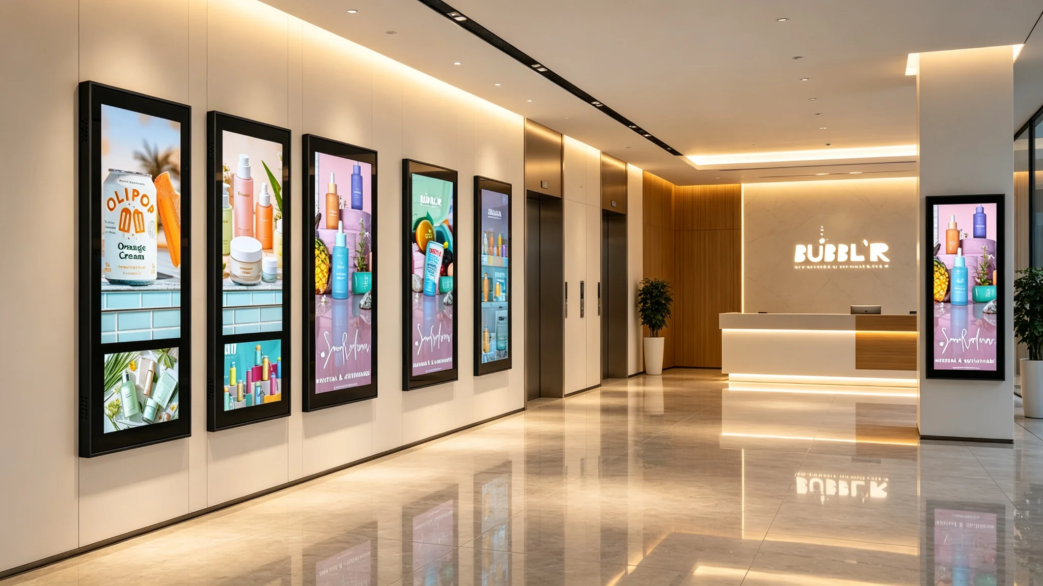 双屏电梯屏工厂展厅与客户案例LOGO墙,深受全球物业管理者与广告运营商信赖