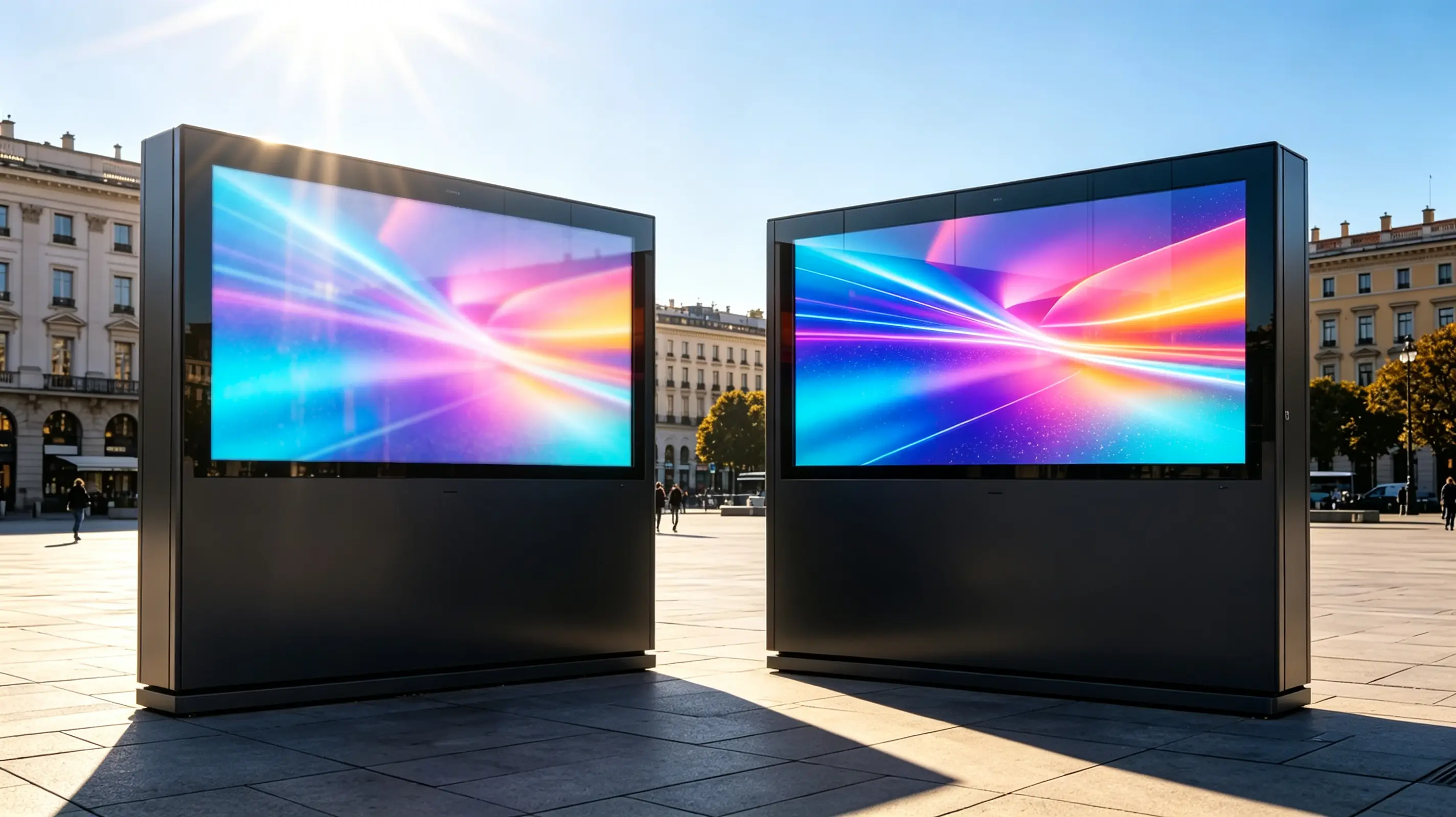 高亮户外 LCD 显示屏在直射阳光与遮阳区域的可读性对比。