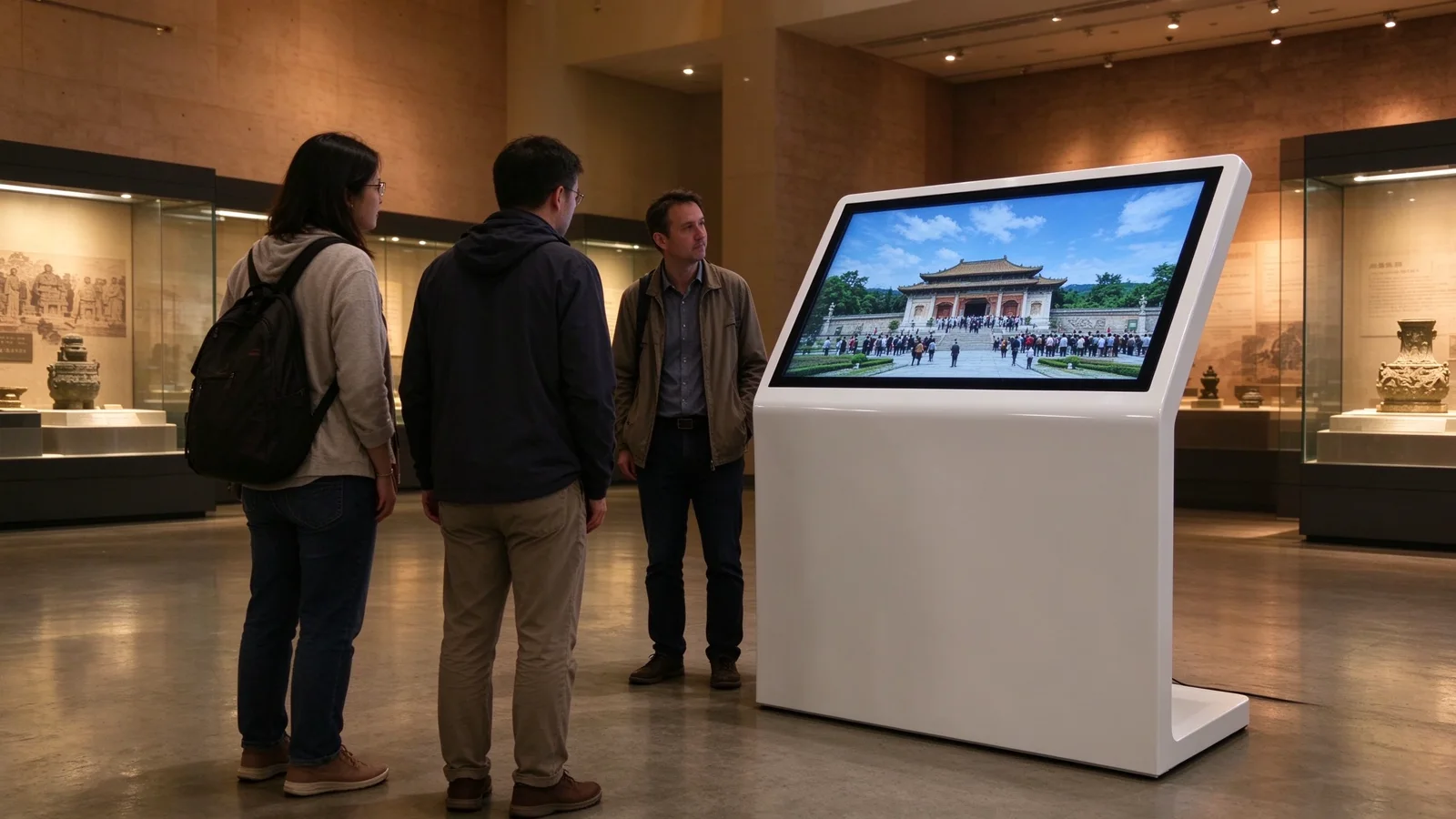 50寸L型卧式查询机在展厅大堂多人围观场景示意图