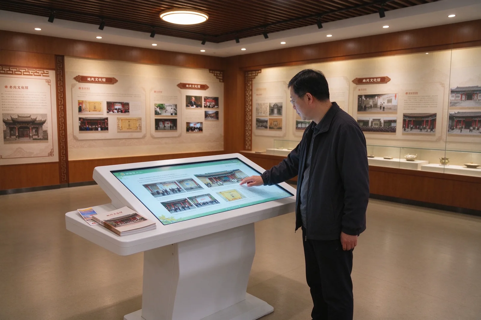 L型卧式查询机在文化馆专题展厅的查询场景示意图