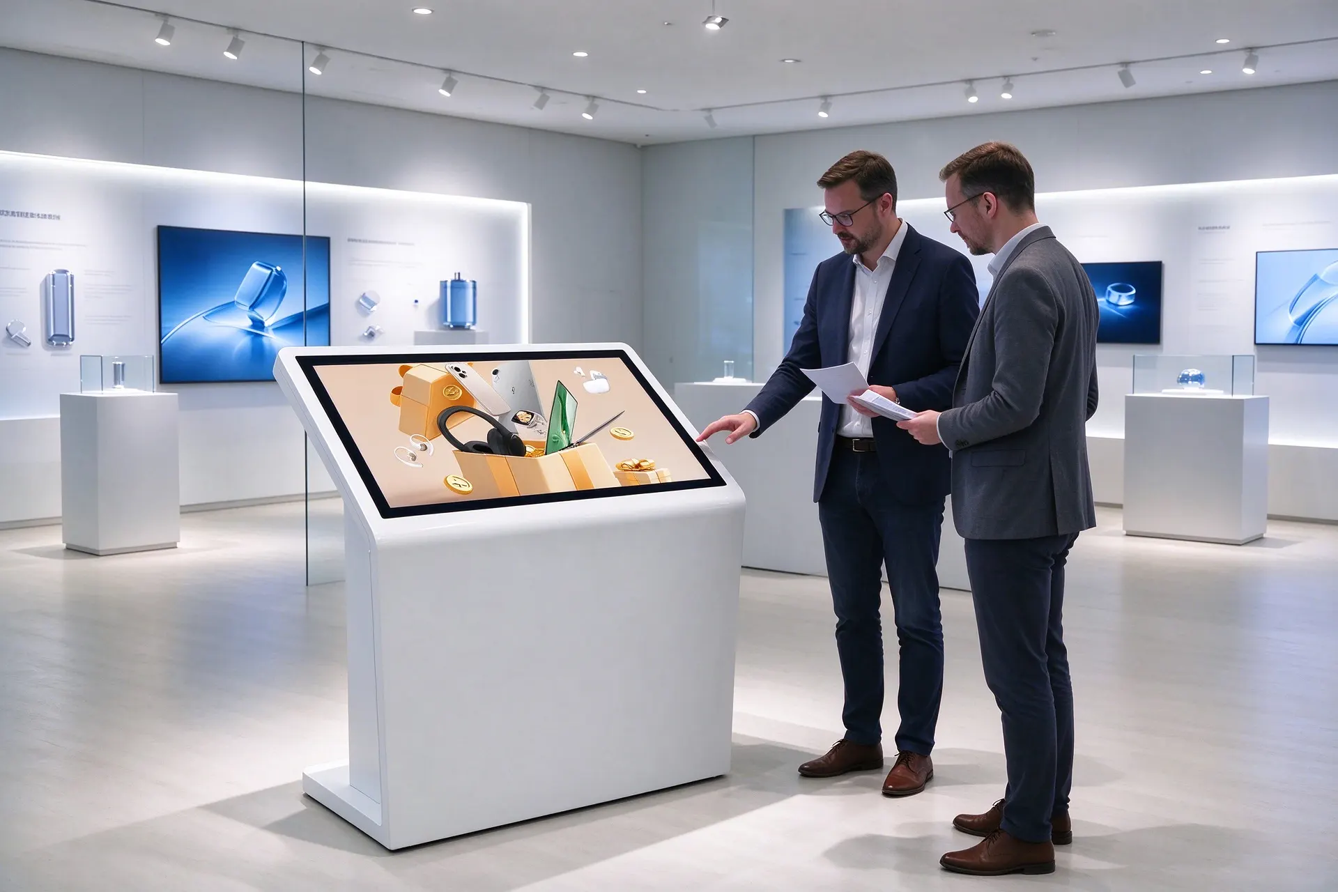 L型卧式查询机在展厅的产品查询与互动场景示意图