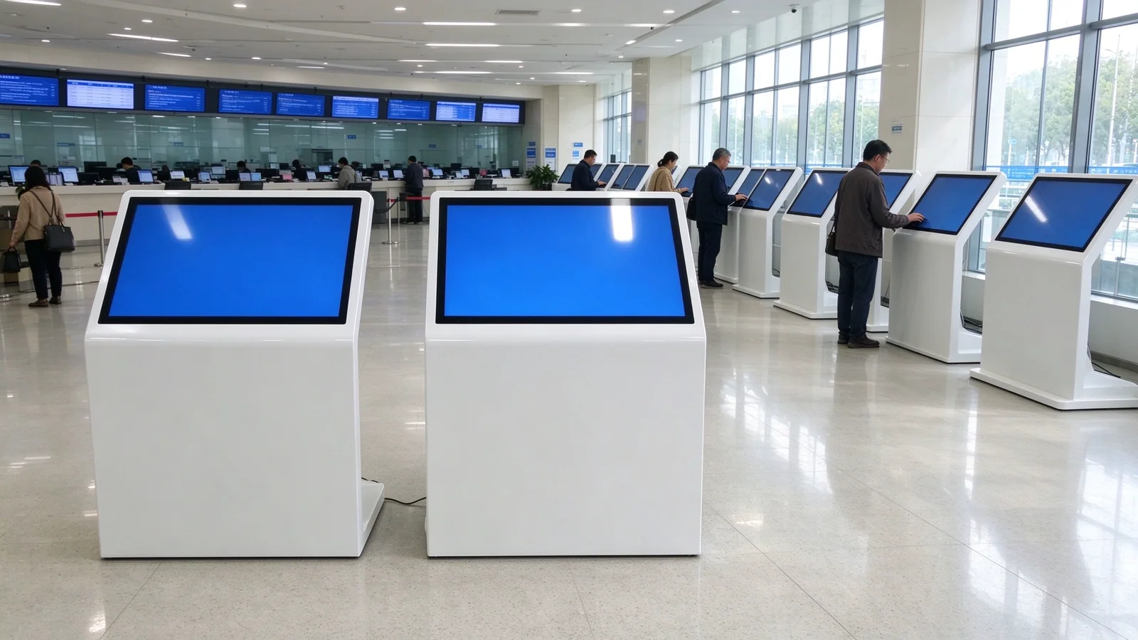 L型卧式查询机在政务服务大厅多台整齐部署示意图