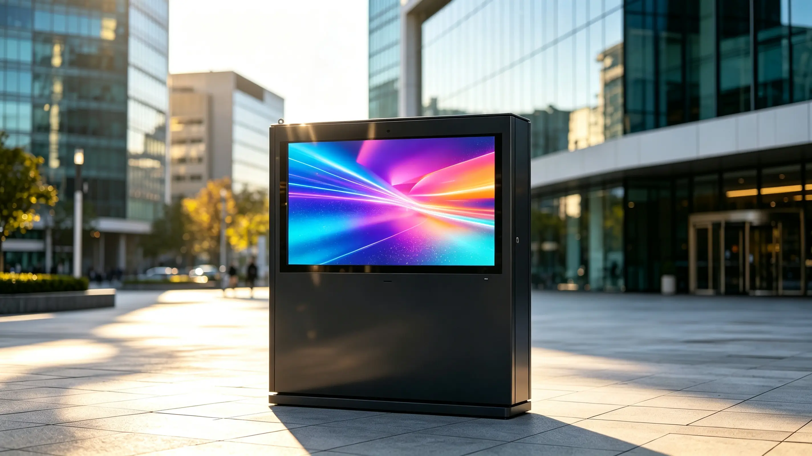 横屏户外数字标牌一体机：高亮 LCD、Windows 10 界面与落地式防风雨外壳。