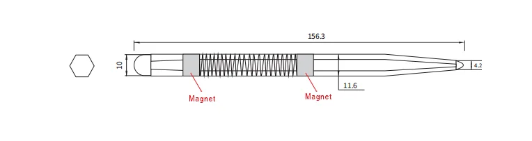 QMIR06 磁吸触控笔尺寸结构图：全长156.3mm、直径11.6mm、磁吸区域、细笔尖4.2mm