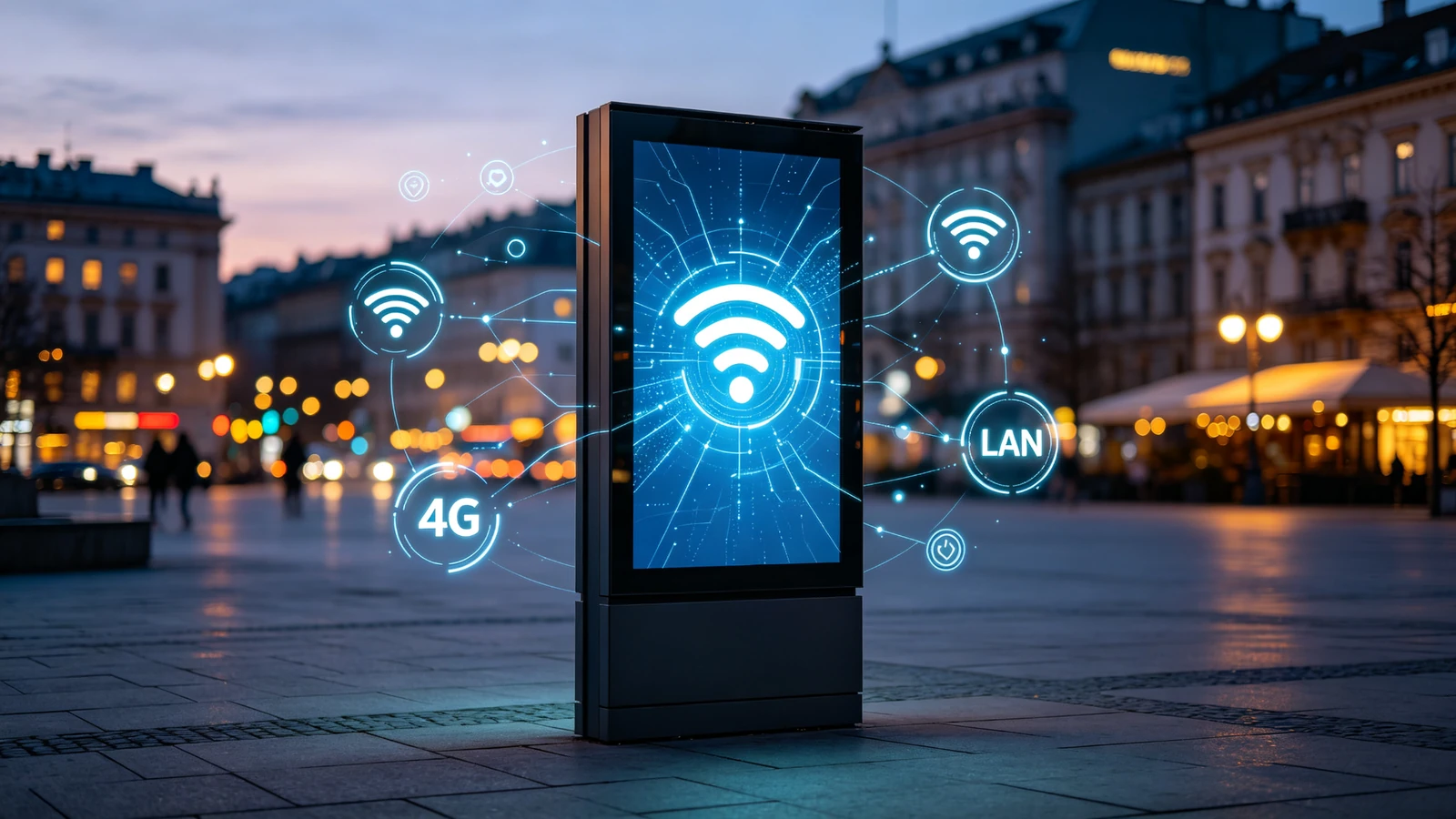 户外数字标牌一体机的网络连接选项：LAN、Wi-Fi、4G 和 5G。