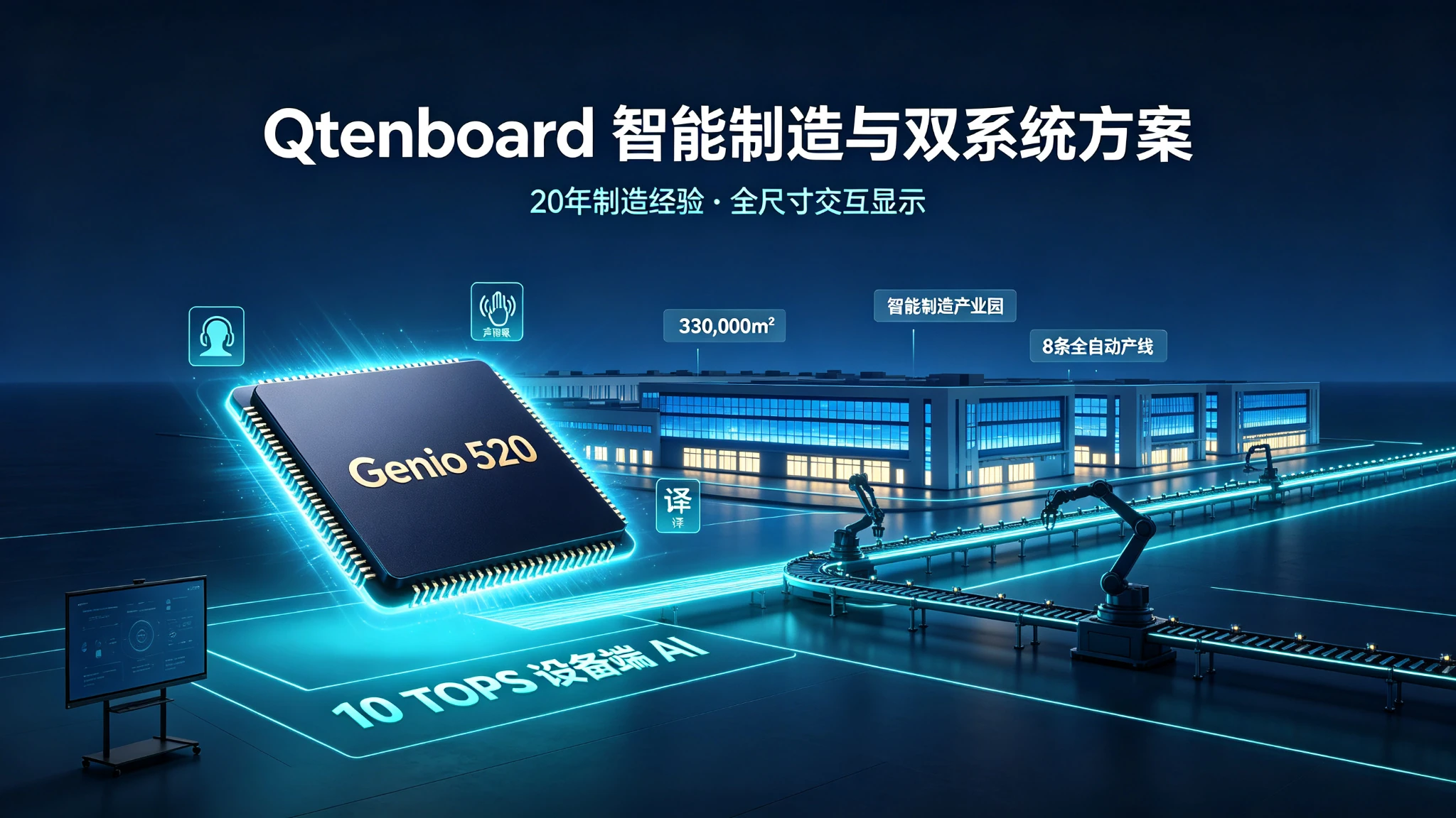 Qtenboard深圳+广州330,000㎡智能制造产业园，8条全自动产线，Android+Windows OPS双系统方案，搭载Genio 520平台10 TOPS设备端AI