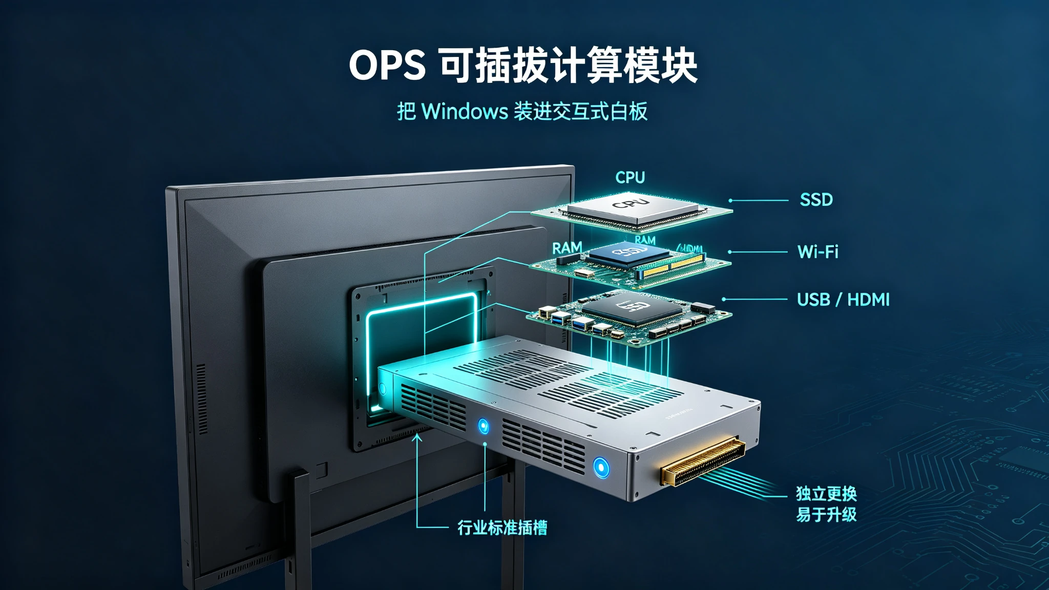 Qtenboard OPS模块结构示意图：可插拔Windows计算模块插入交互式白板内部，支持后续升级和独立更换