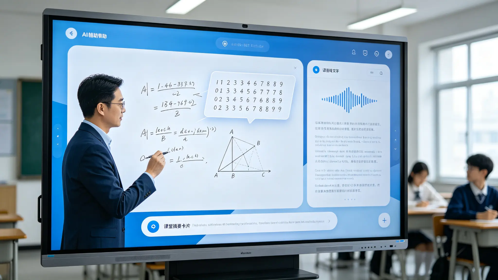 Qtenboard Q AI课堂互动：手写识别、图形公式识别、语音转文字、自动课堂摘要，166+语言支持
