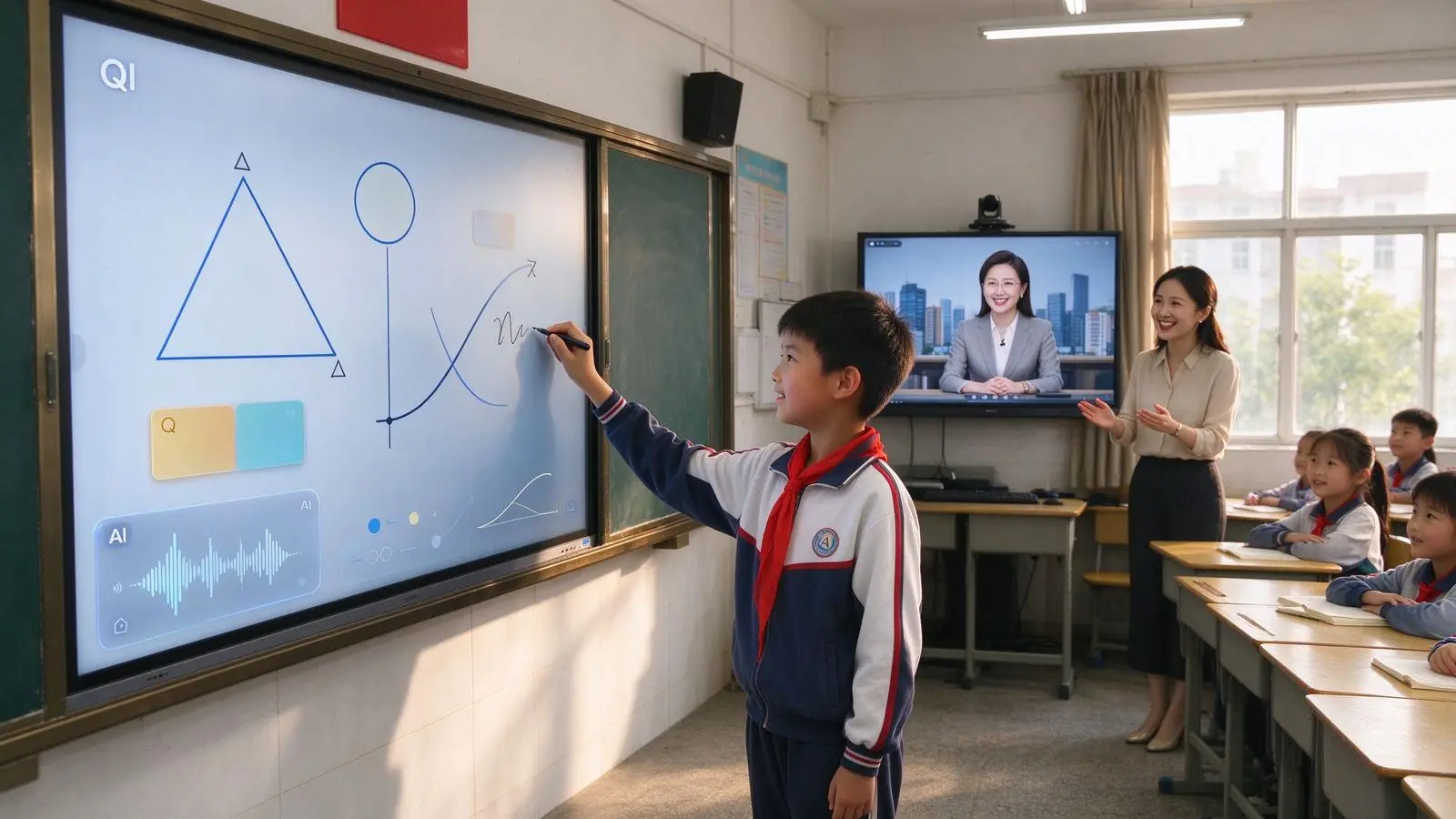 Qtenboard Q AI双师课堂：城市主讲教师远程批注，乡村学生上台书写，AI实时识别手写内容并生成课堂摘要
